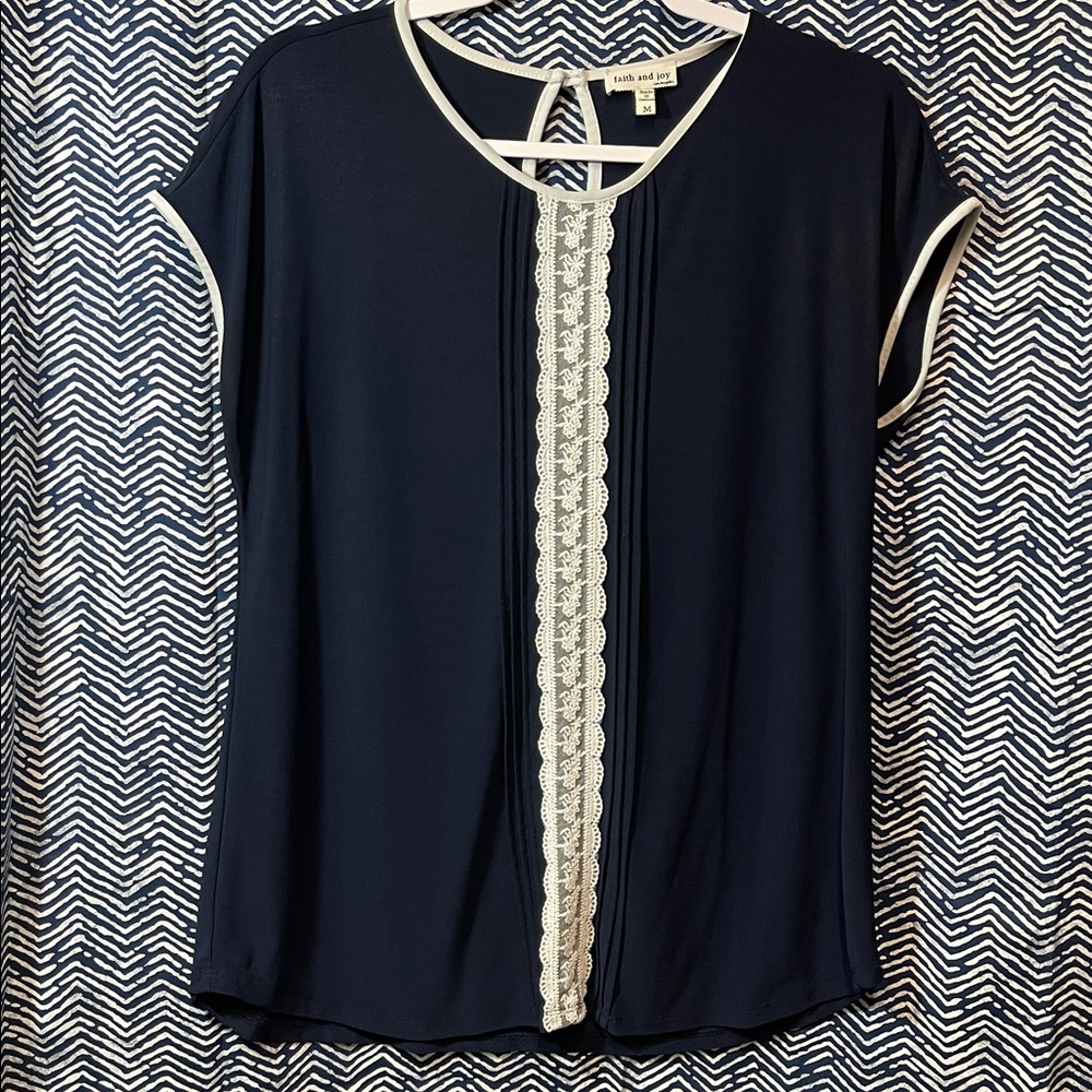 Faith and Joy Navy Blouse with Cream Lace
